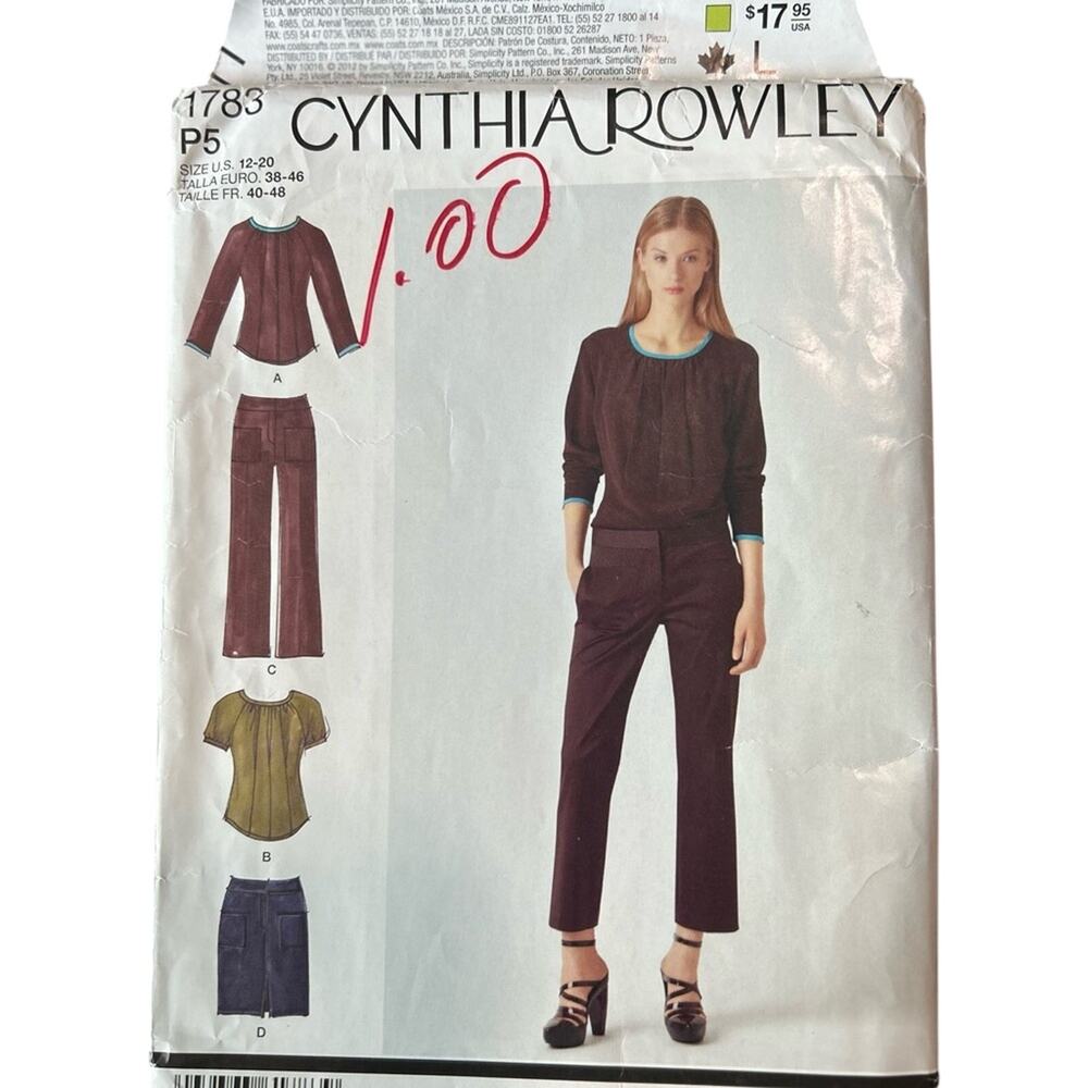 Cynthia Rowley Women's sewing pattern 1785 shirt crop pant skirt sets- Sz 12-20